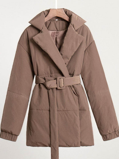 Puffer Long Sleeve Winter Coat with Belt for Women