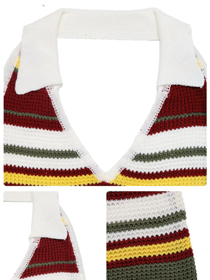 Multi-Color Striped Halter Neck Knit Sweater Dress