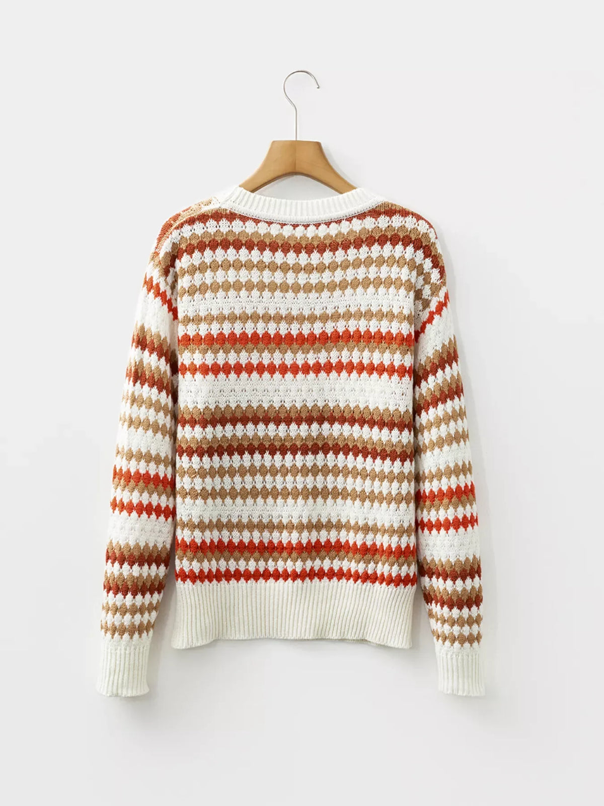 Stripe Eyelet Patterned Drop Shoulder Sweater