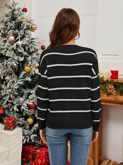 Sequin Santa Striped Round Neck Long Sleeve Sweater for Women