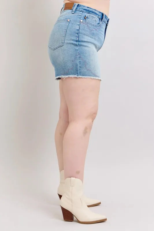 Judy Blue Full Size High Waist Western Embroidery Detail Cut Off Denim Shorts Plus Size