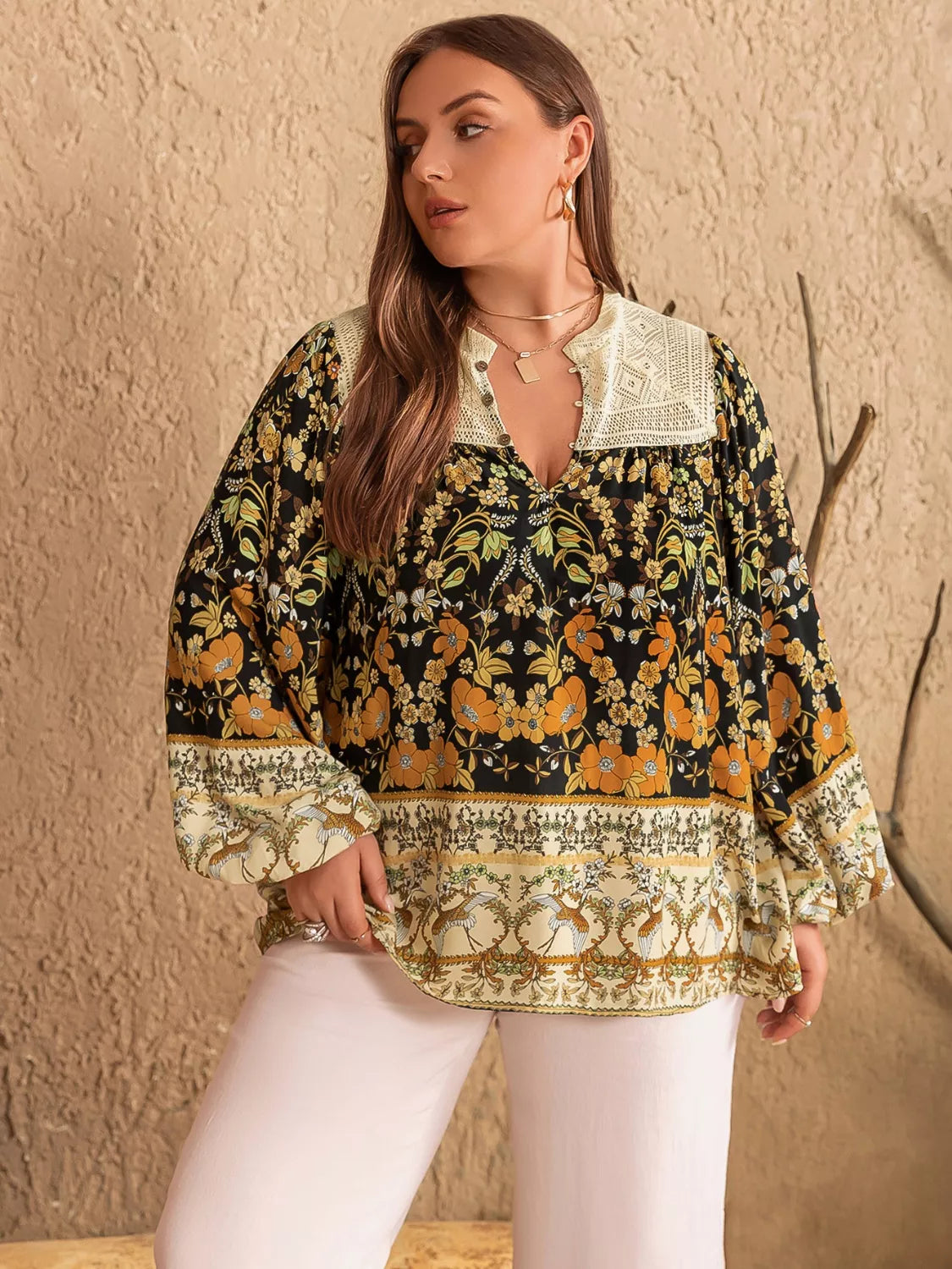 Plus Size Floral Print Notched Blouse