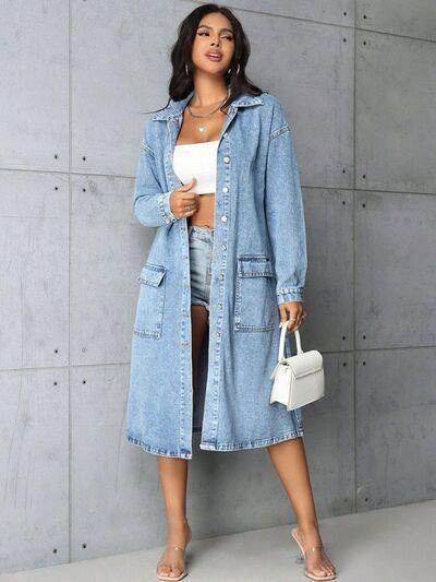 Pocketed Button Up Collared Neck Denim Top for Women
