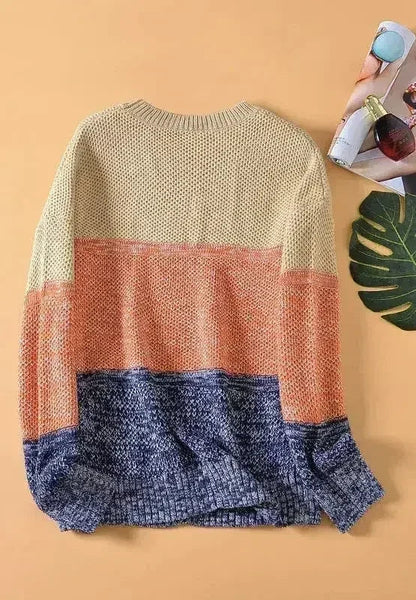 Color Block Round Neck Long Sleeve Sweater