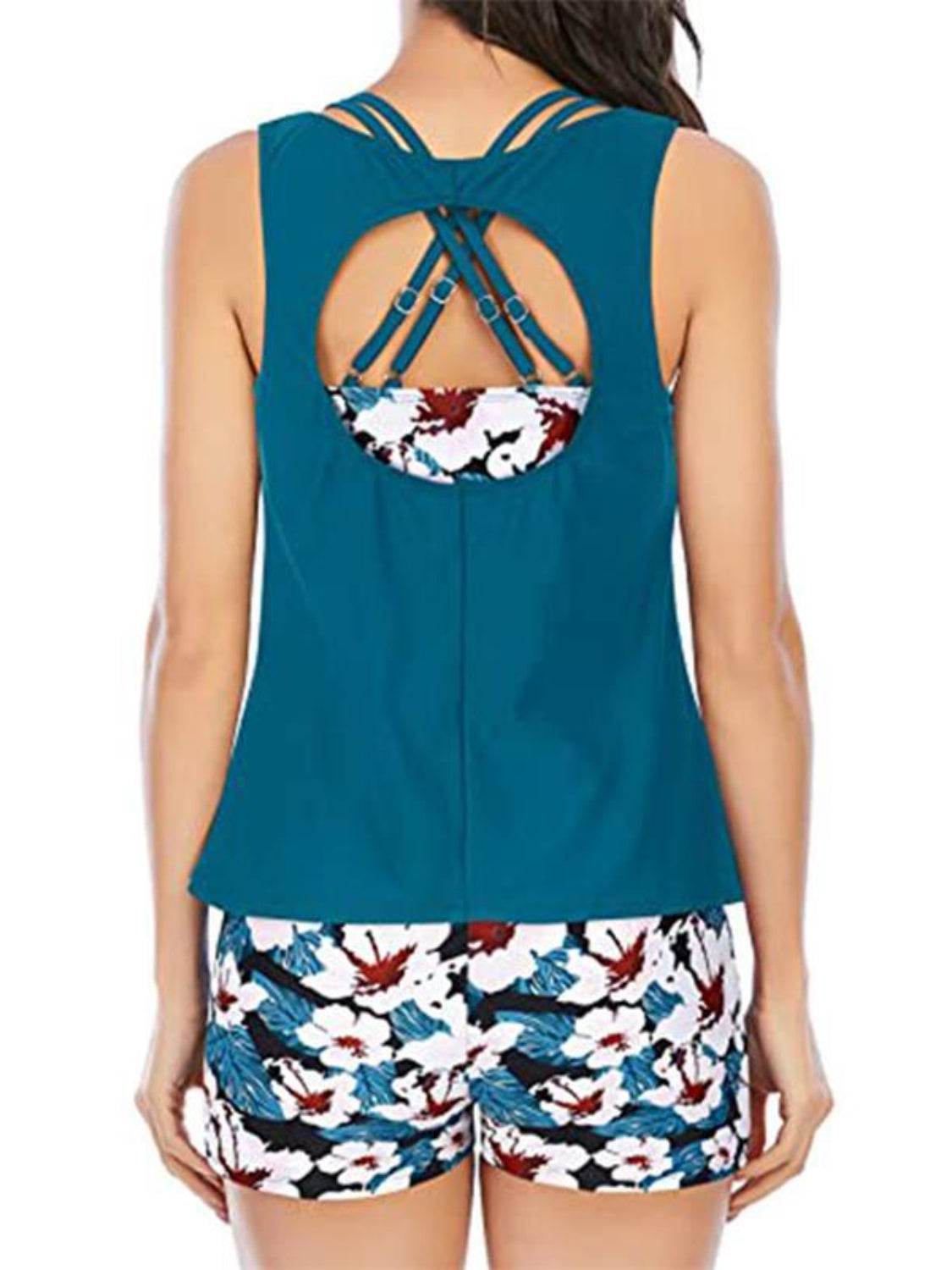 Cutout Printed Round Neck Three-Piece Swim Set