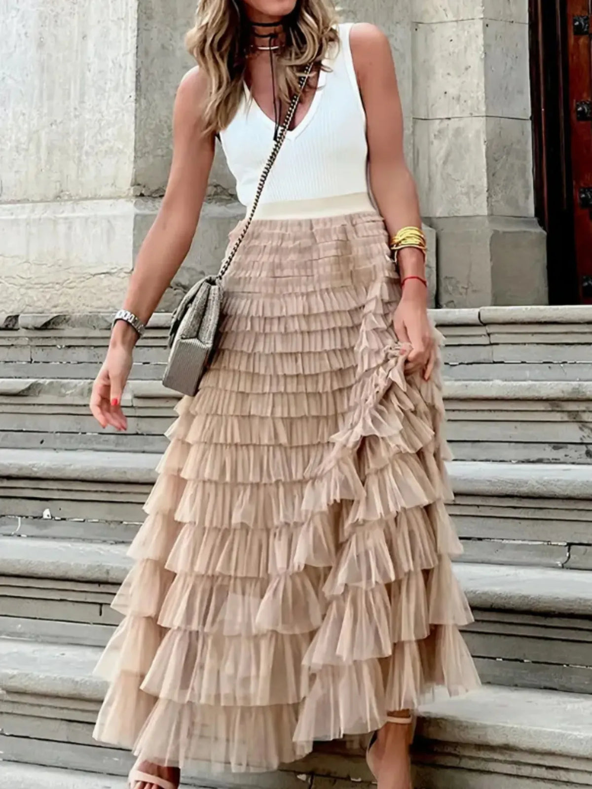 Layered Ruffle Maxi Skirt