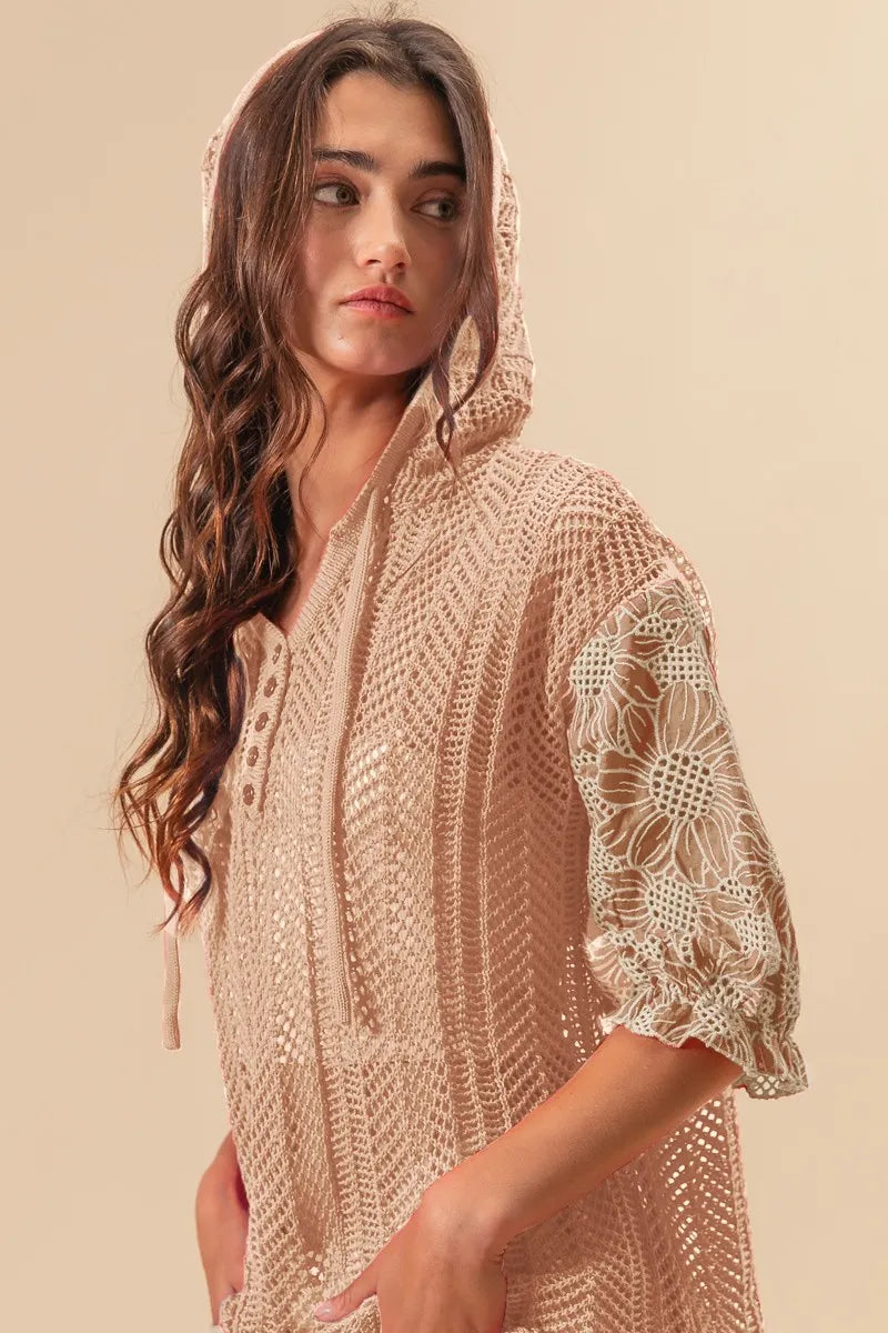 BiBi Jacquard Flower Puff Sleeve Hooded Knit Top