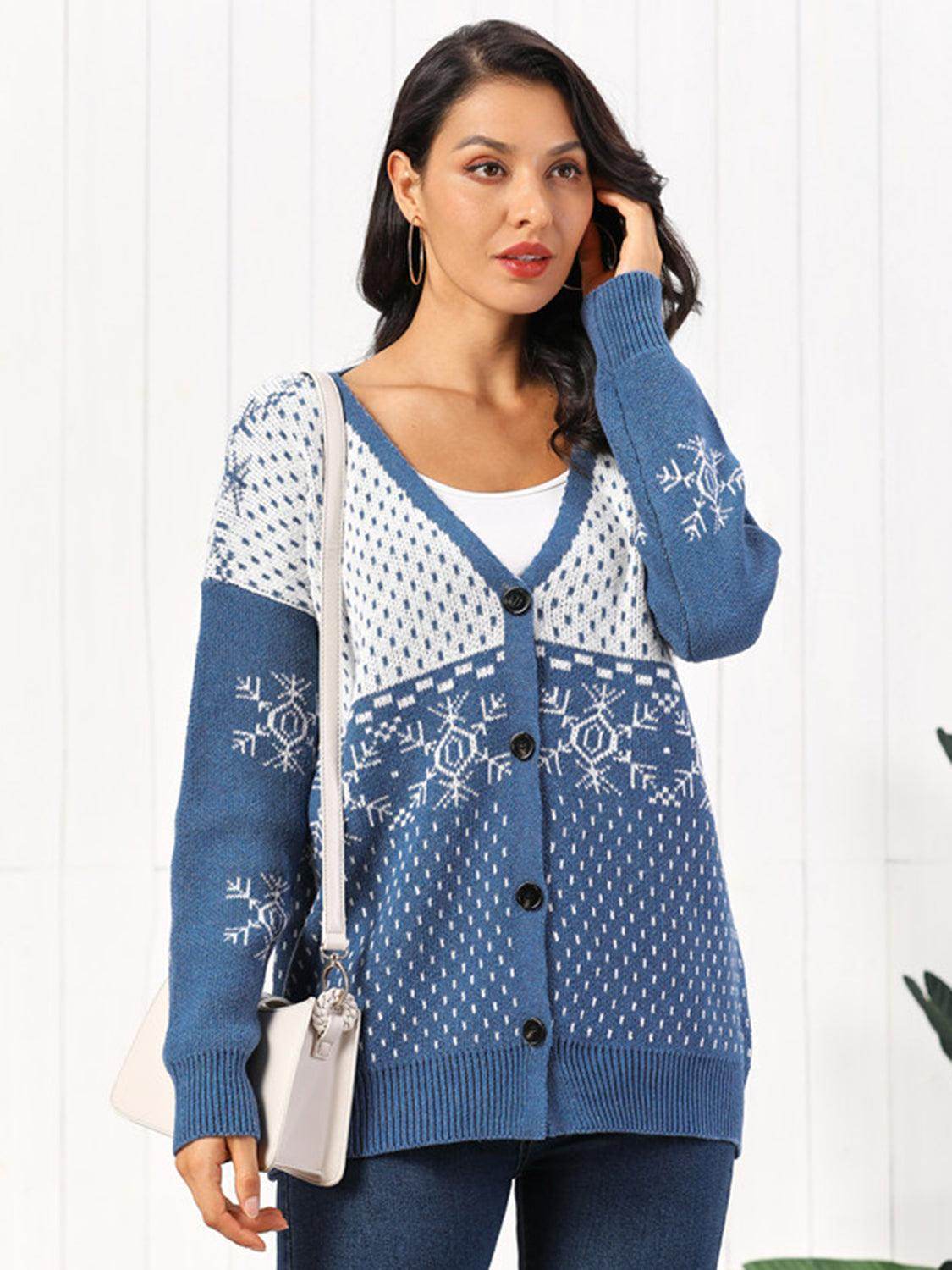 Snowflake Button Down Cardigan in Soft Stretchy Acrylic