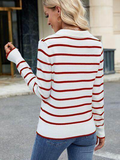 Striped Johnny Collar Long Sleeve Sweater for Women