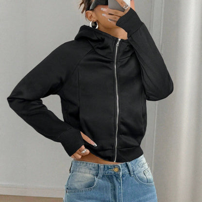 Solid-color Cropped Hooded Sweatshirt For Women