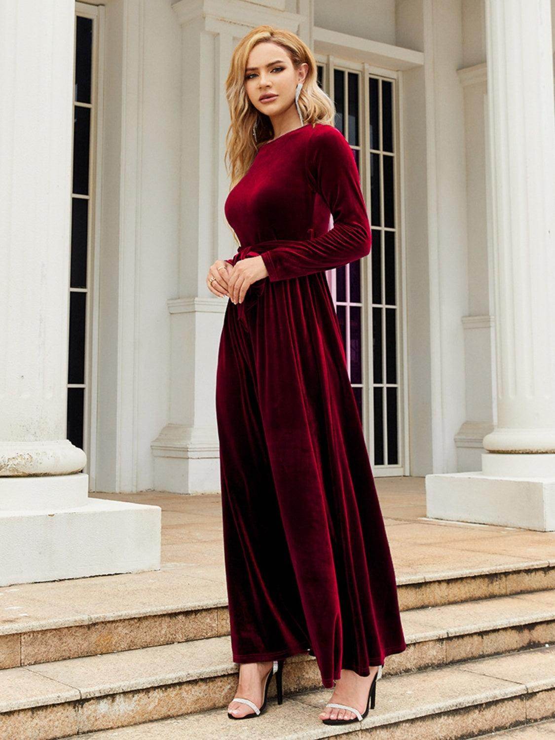 Tie Front Round Neck Long Sleeve Maxi Dress for Women