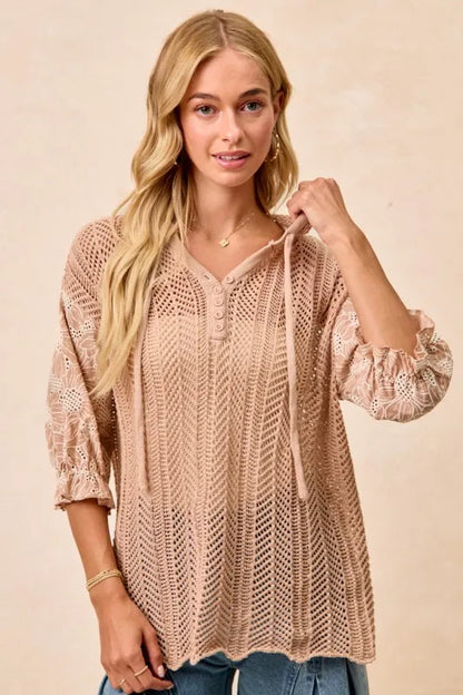 BiBi Jacquard Flower Puff Sleeve Hooded Knit Top