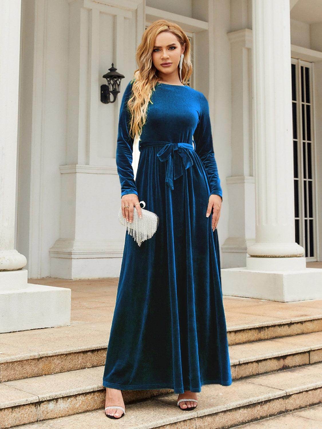 Tie Front Round Neck Long Sleeve Maxi Dress for Women