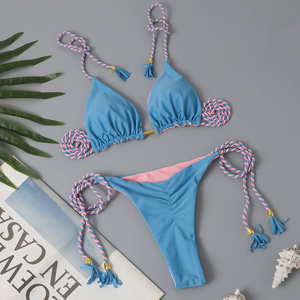 New Festival Flame Halter Bikini Set for Women – Triangle V-Neck Backless Two-Piece Swimsuit with Tie Side Bottoms &amp; Adjustable Lace-Up Fit – Sleek Polyamide Swimwear for Koningsdag/King’s Day &amp; Summer Beach Celebrations