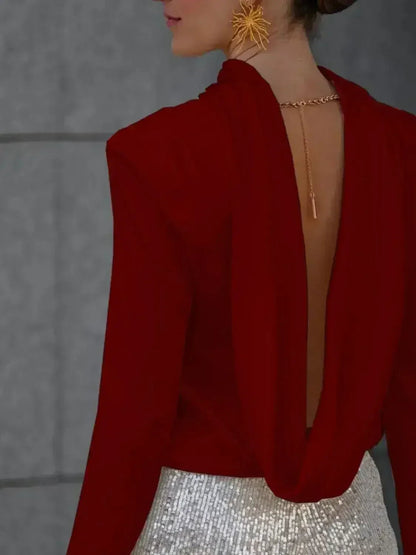 Backless Cowl Neck Long Sleeve Blouse – Elegant &amp; Stylish | Femstylo