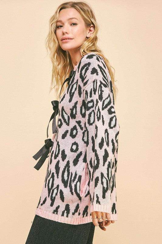 Davi &amp; Dani Leopard Ribbon Tie Front Loose Fit Cardigan