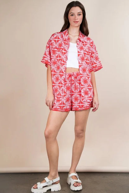 VERY J Full Size Tropical Printed Shirt Top and Shorts Set Plus Size