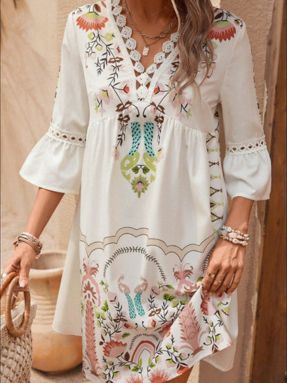 Exquisite Summer Feminine Lace Detail Printed Dress Chic Midi Lightweight Dress