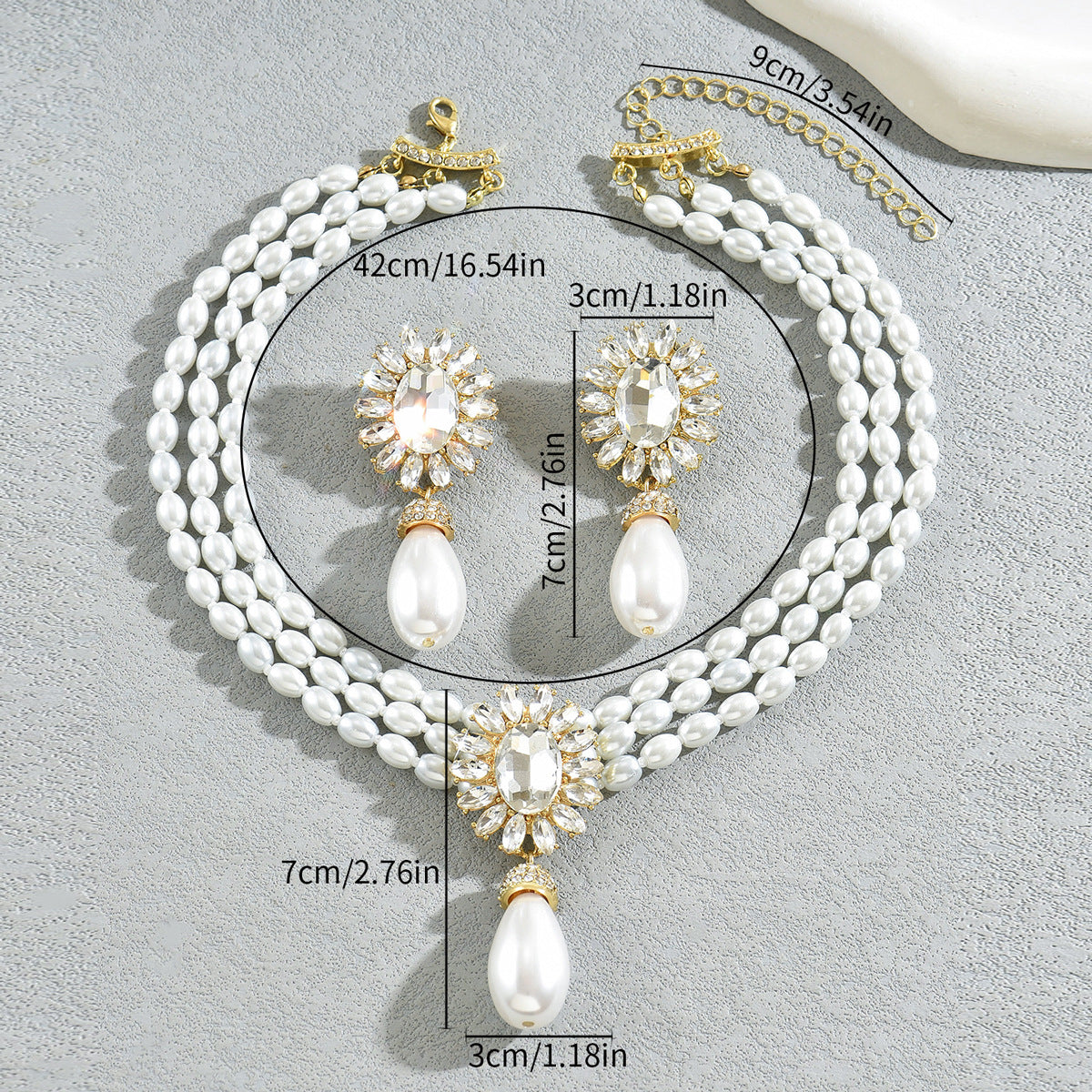 Geometric Light Luxury European American Women Jewelry Set, Niche Crystal Inlaid Multi-Layer Clavicle Chain Pearl Necklace &amp; Matching Earrings