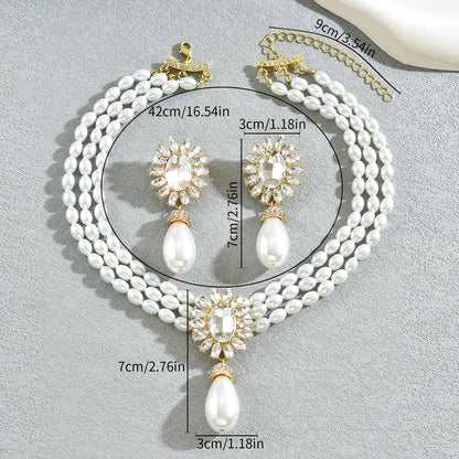Geometric Light Luxury European American Women Jewelry Set, Niche Crystal Inlaid Multi-Layer Clavicle Chain Pearl Necklace &amp; Matching Earrings