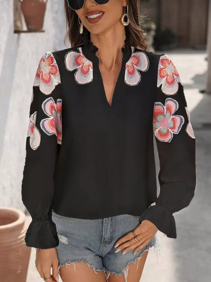 Floral Embroidered Notched Long Sleeve Blouse