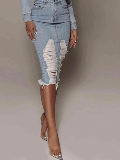 Distressed Slit Denim Skirt in 100 Percent Cotton Fabric