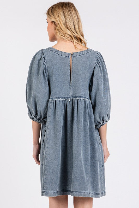 Washed Round Neck Puff Sleeve Denim Dress – Casual, Vintage-Inspired, Comfortable &amp; Chic, Effortlessly Stylish, Classic Denim Dress