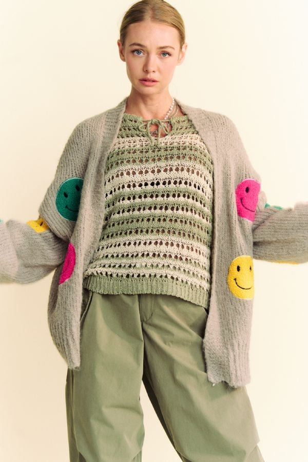 Back To School Sweater - Davi &amp; Dani Fuzzy Smile Open Front Long Sleeve Cardigan