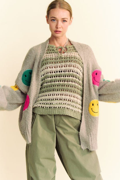 Back To School Sweater - Davi &amp; Dani Fuzzy Smile Open Front Long Sleeve Cardigan