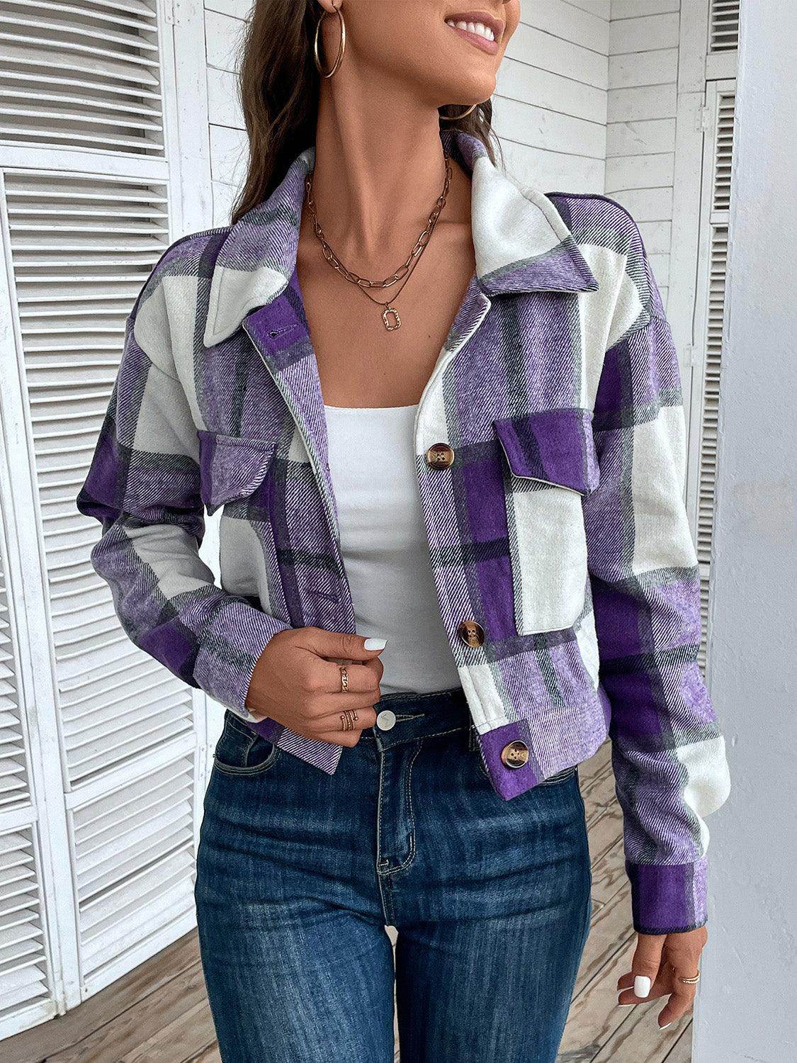 Perfee Plaid Button Up Drop Shoulder Cropped Jacket for Women