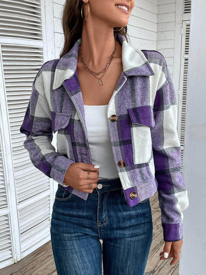 Perfee Plaid Button Up Drop Shoulder Cropped Jacket for Women