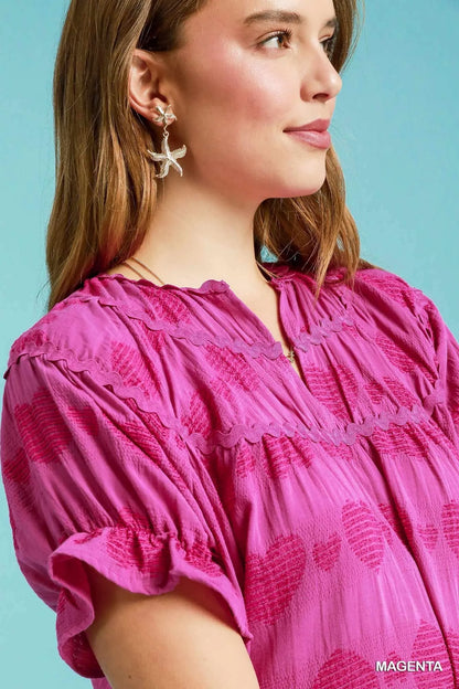Umgee Heart Pattern Short Sleeve Ruffle Babydoll Dress