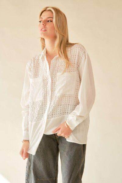 Davi &amp; Dani Crinkled Jacquard Button Down Shirt for Women