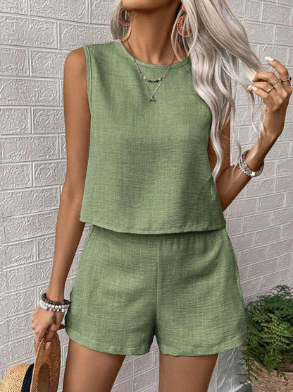 Round Neck Sleeveless Top and Shorts Set for Women