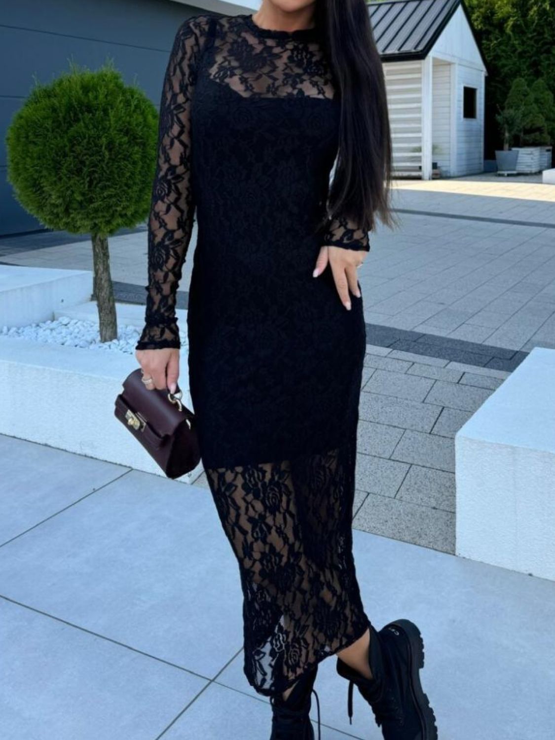 Black Lace Round Neck Long Sleeve Midi Dress Timeless &amp; Elegant Design Women Dress