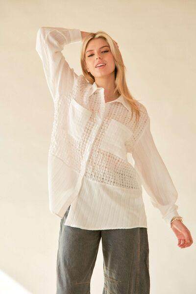 Davi &amp; Dani Crinkled Jacquard Button Down Shirt for Women