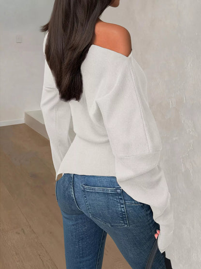 Off-Shoulder Ruched Long Sleeve Sweaer