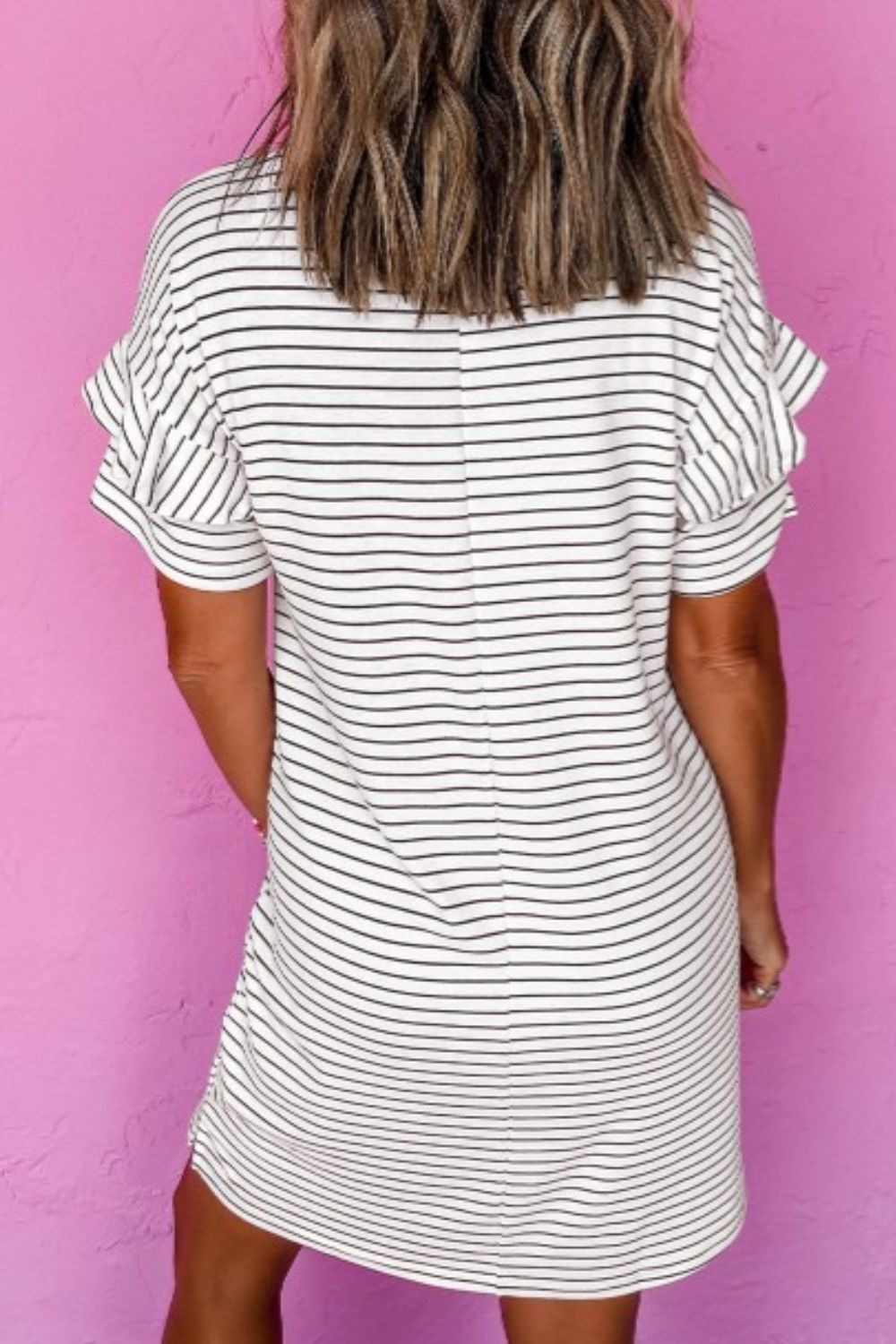 White Striped Round Neck Short Sleeve Mini Dress Casual &amp; Playful Everyday Look Dress