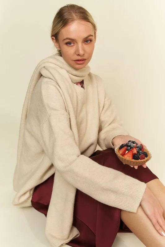 Davi &amp; Dani V-Neck Dropped Shoulder Sweater with Scarf