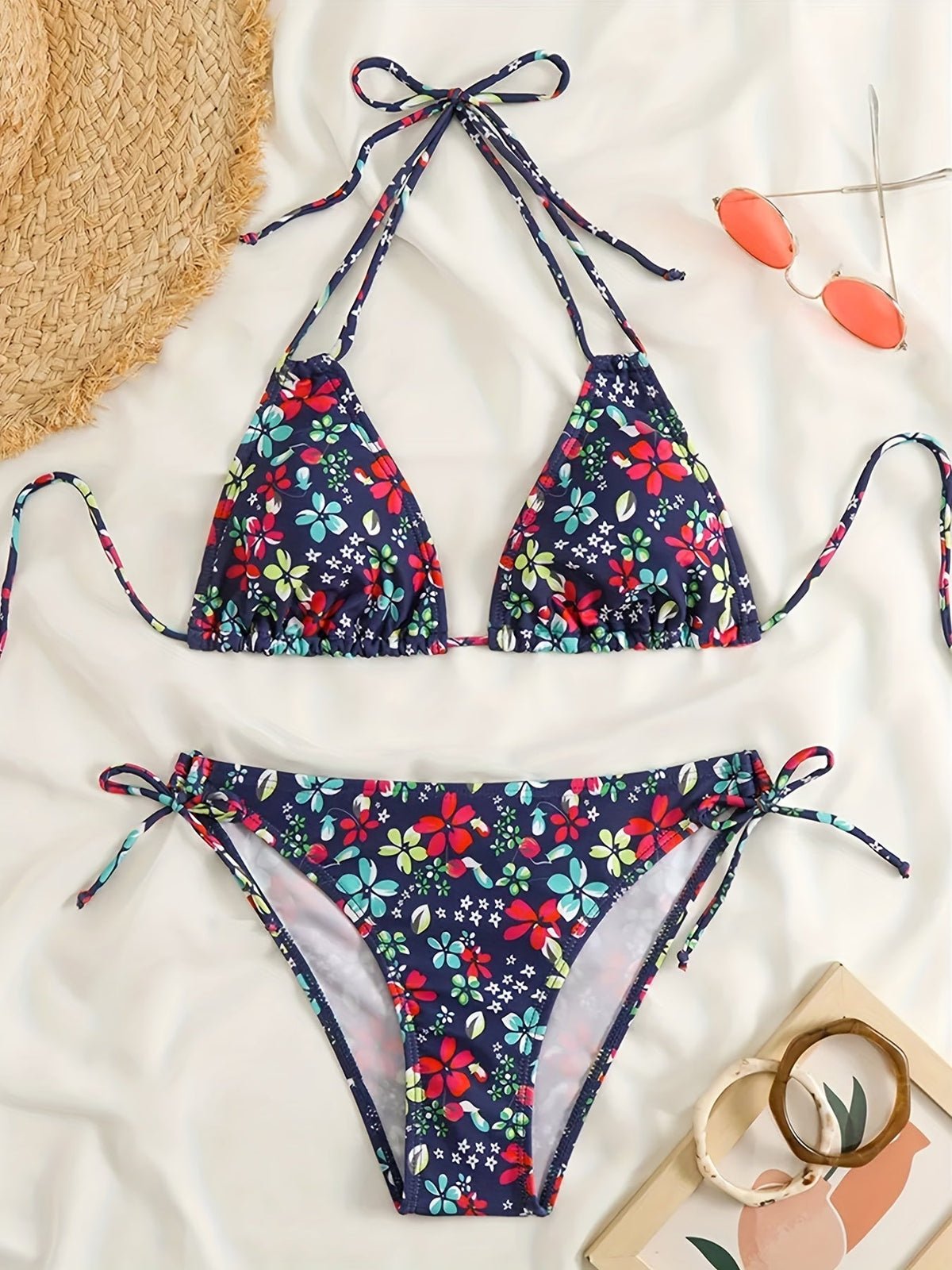 Sunset Bloom 2-Piece Triangle Bikini Set for Women – Vibrant Random Floral Print Halter Neck Swimsuit with Tie-Back Tie-Side Bottoms &amp; High Cut Legs – Women&