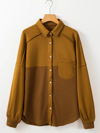 Waffle Knit Patchwork Exposed Seam Loose Shacket