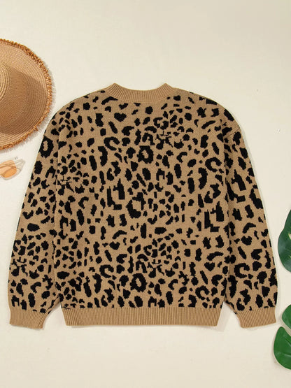 Ribbed Trim Round Neck Leopard Drop Shoulder Sweater