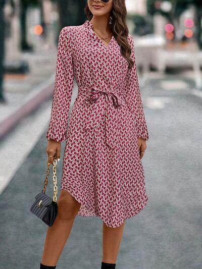 Tied Printed Notched Balloon Sleeve Dress for Women