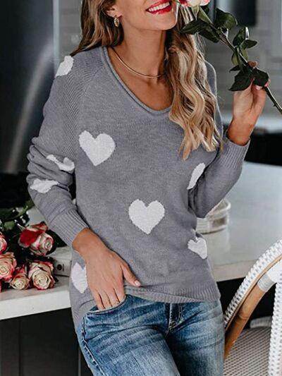 Heart Scoop Neck Long Sleeve Sweater for Women Cozy Style