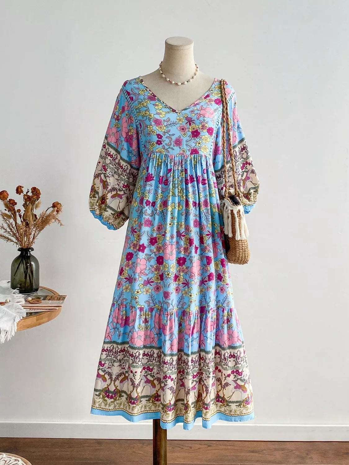 Plus Size Floral Print V-Neck Dress