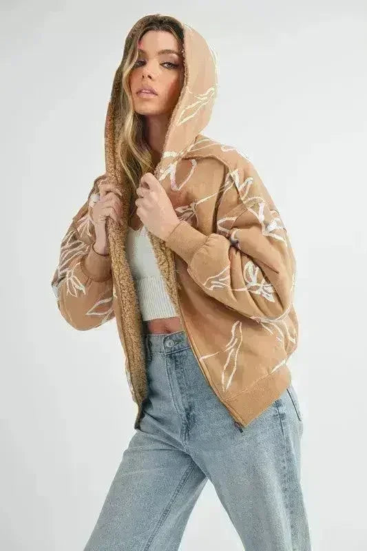 Floral Sherpa Hoodie - Zip-Up Fleece Jacket with Pockets