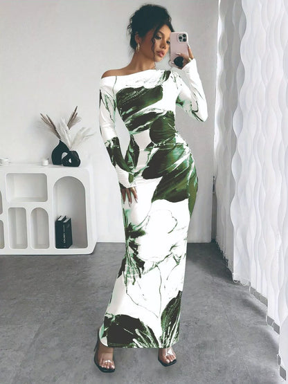 Floral One Shoulder Long Sleeve Maxi Dress