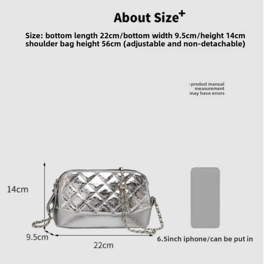 Simple chain bag, silver metallic shoulder Crossbody bag, fashionable small diamond bag women