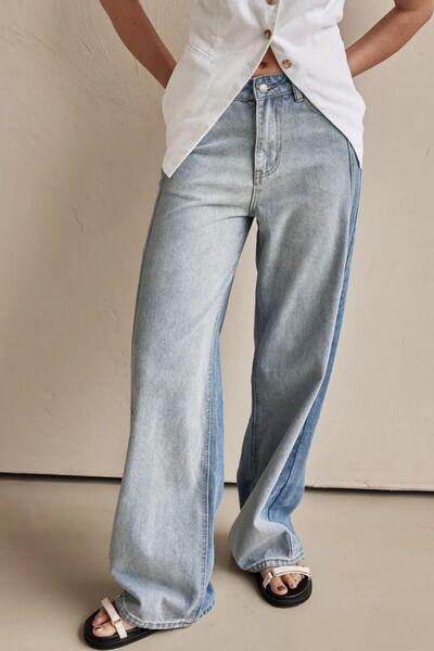 Contrast Straight Leg Jeans with Pockets for Women
