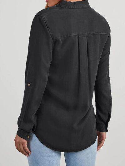 Collared Neck Roll-Tab Sleeve Denim Top for Women